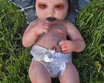 OOAK Horror Doll Handmade Fallen Angel Baby Doll 15 Inch Creepy Gothic Collectible Dark Fantasy Decor Doll