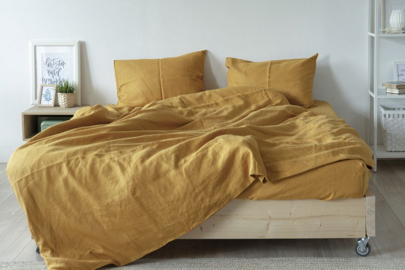 3 Pieces Linen Bedding Set In Mustard Linen Duvet Cover And Etsy