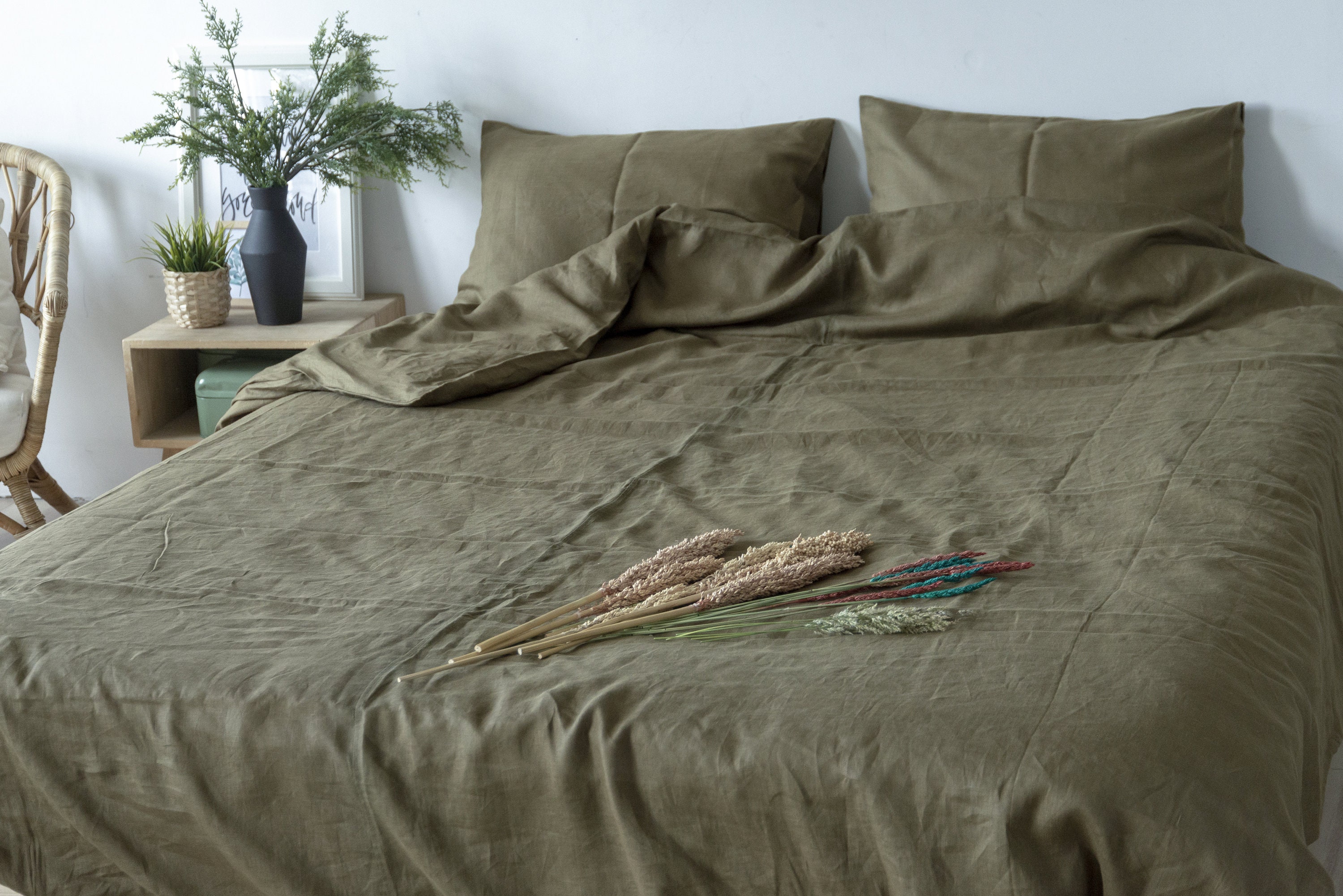3 pieces linen bedding set in Green / Linen duvet cover and Etsy