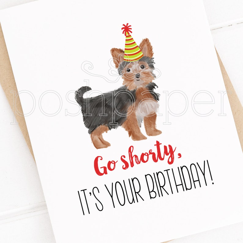 Pode incluir: Um cart&atilde;o de anivers&aacute;rio com uma ilustra&ccedil;&atilde;o em aquarela de um c&atilde;o pequeno usando um chap&eacute;u de festa. O texto no cart&atilde;o diz "Go shorty, it's your birthday!"