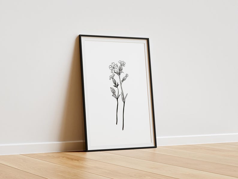 Minimalist Botanical Line Art Print, Wildflower Wall Art, Black White ...