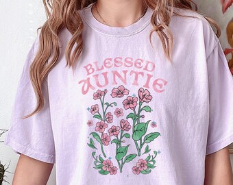 T-shirt fleuri « Tante bénie », cadeau chrétien pour femme, t-shirt en coton à coupe décontractée
