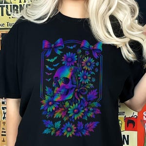 Halloween mom Skull T-Shirt, Floral Skull Tee, Gothic Skull, Colorful Skull, Skeleton Shirt, Bats Shirt, Goth T-Shirt, Emo Tee, Spooky gift