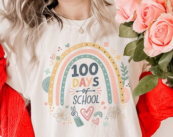T-shirt « 100 jours d'école », 10e jour d'école, 100 jours plus lumineux, cadeau de remerciement pour les enseignants, T-shirt arc-en-ciel pour les enseignants