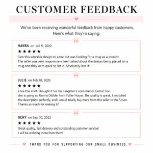 May include: A customer feedback graphic featuring the title CUSTOMER FEEDBACK and three five-star reviews from Hanna, Julie, and Gery. The text includes specific comments about product quality, responsiveness, and service, ending with THANK YOU FOR SUPPORTING OUR SMALL BUSINESS.