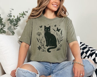 Mystical Cat Shirt - Celestial Black Cat Top, Witchy Tee, Nature Inspired, Gothic Feline Apparel for Cat Lovers
