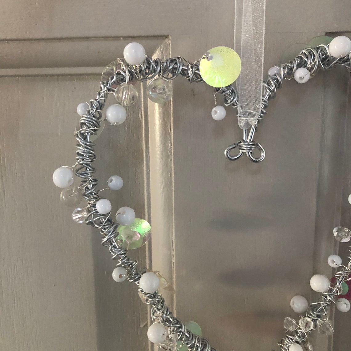 Twisted Metal Beaded Hanging Heart Decoration Pearl Black Etsy