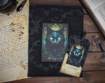 Witch Cat book bag for paperbacks & hardcovers, optionally with or without bookmark, fabric book cover