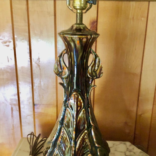 Vintage MCM Table Lamp ~ Brown & Orange Large Leaf Ceramic~17in Tall (w/o harp)