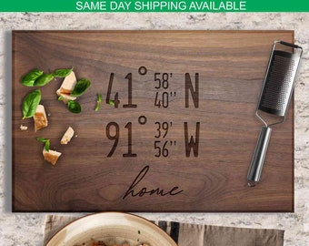 Custom cutting board wedding gift with GPS location latitude longitude. Charcuterie board. New home. Housewarming gift. Personalized gifts