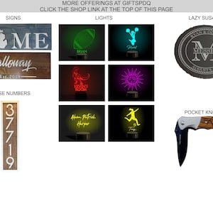 May include: A collage of personalized gifts, including wooden signs with the text "HOME Galloway Est. 2019" and "37719", a black and white engraved lazy Susan with the text "Ryan & Olivia Messer August 9, 2019", and a black pocket knife with a wooden handle.