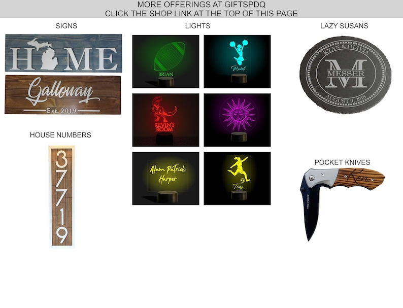 May include: A collage of personalized gifts, including wooden signs with the text "HOME Galloway Est. 2019" and "37719", a black and white engraved lazy Susan with the text "Ryan & Olivia Messer August 9, 2019", and a black pocket knife with a wooden handle.