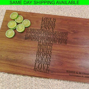 Personalized cutting board or charcuterie board with Corinthians 13 cross. Wedding gift. Housewarming gift. Catholic gift.