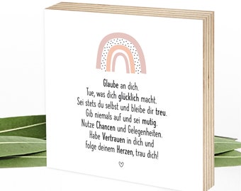 Holzschild mit positiven Glaubenssätzen und Affirmationen als ermutigendes Geschenk - Wunderpixel® Holzbild 15x15x2cm, Regenbogen Glaube an