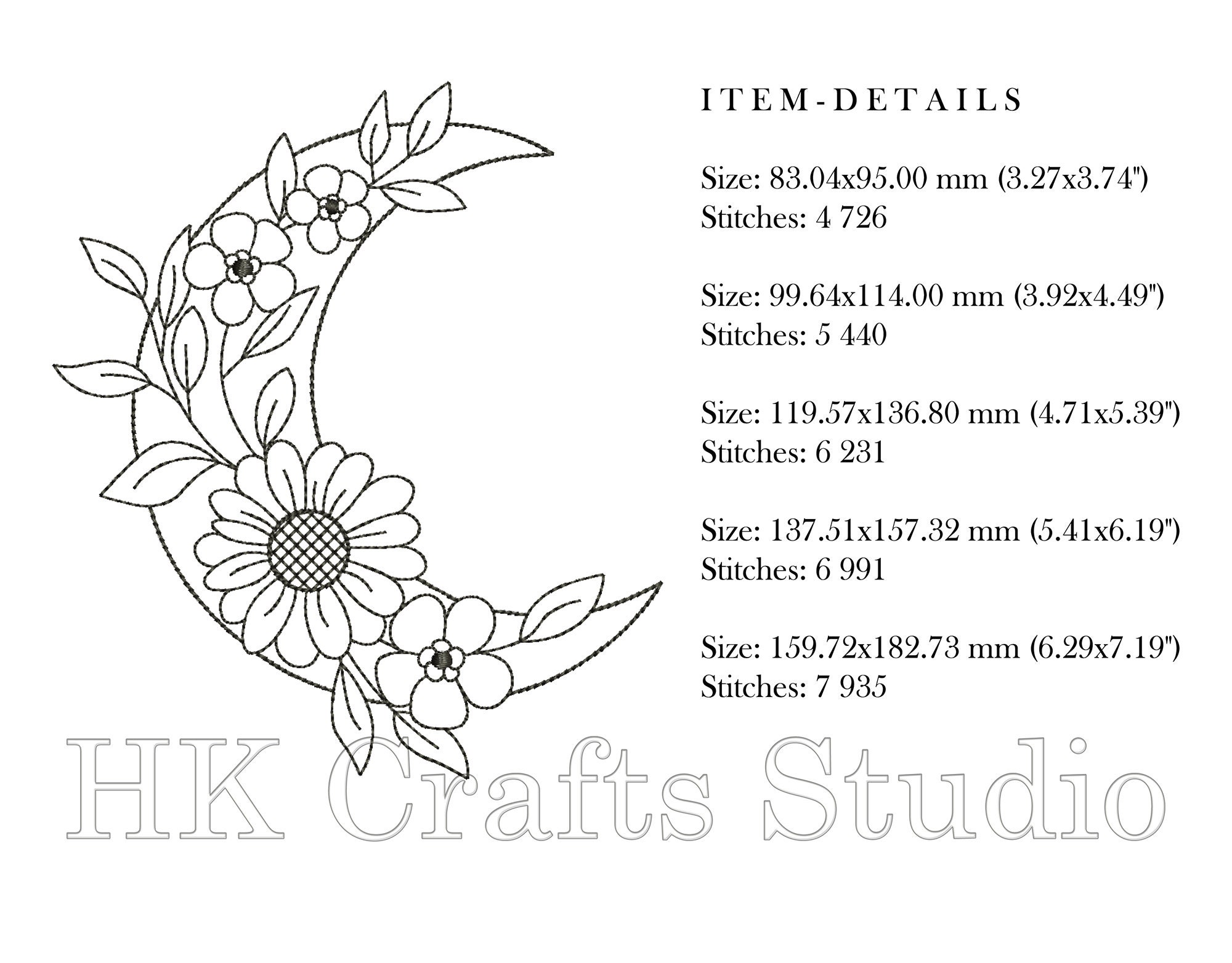 Moon with Flowers Machine Embroidery Design 5 sizes. Floral Etsy