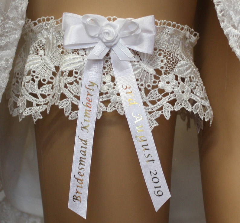 Ivory lace garter with customised ribbon Bridal Garter New married name with wedding date. Wedding Garter