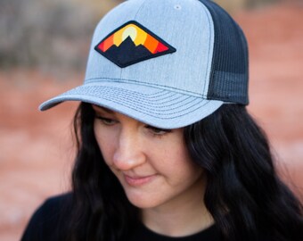 Grey Trucker Hat | Mountain Sunrise Patch, Richardson 112 Snapback