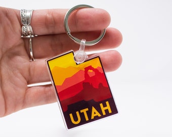 Utah Landscape Keychain | Acrylic State Souvenir | Utah Landmarks, Delicate Arch, Mountains