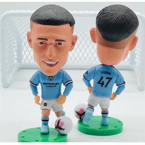 Op de afbeelding: Een blauwe en witte voetbalfiguur van een speler die een lichtblauw shirt draagt met de tekst "ETIHAD AIRWAYS" en het nummer "47" op de rug. De figuur houdt een voetbal vast en staat op een groene basis.