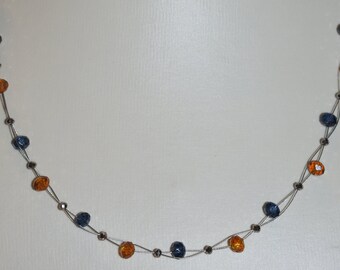 Halskette Collier Perlenkette Glasschliffperlen facettiert dunkelblau grau honig