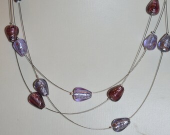 Halskette Collier Perlenkette Glasperlen Silberfolie Goldpulver violett/bordeaux/grau