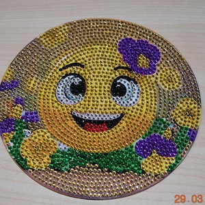 Diamond Painting Untersetzer 4er-Set aus Holz Topfuntersetzer Diamantkunst Sonne Mond Blumen Emoji Deko Tischdekoration (fertig)