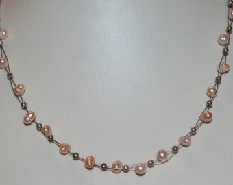 Kette Halskette Collier Süßwasserperlen Echte Perlen Zuchtperlen apricot creme Silber Brautschmuck Brautkette Perlenkette