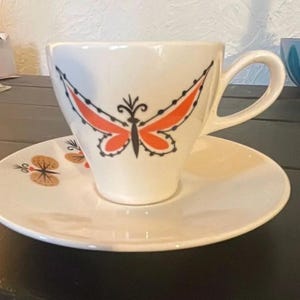Mid Century Modern Butterfly Tea Cup & Saucer – Universal Potteries Fascination Windword – Orange  Black Espresso  or tea set