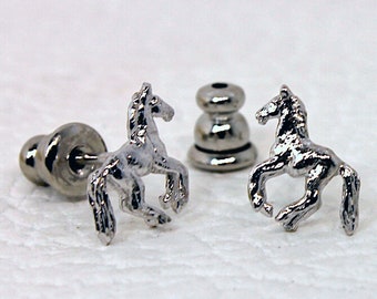 Boucles d'oreilles fixes thème cheval - Cheval au galop - Métal rhodié