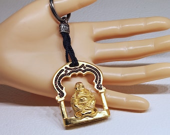 Oriental themed keychain - Budai Buddhist monk symbol of abundance with temple. Gold plated.