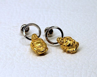 Oriental themed pendant earrings - Budai Buddhist monk symbol of abundance. Gold plated.