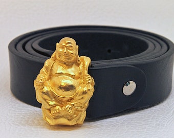 Oriental themed belt - Buckle with Budai, Buddhist monk symbol of abundance - Pure Tuscan leather