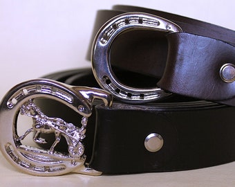 Horse-themed belt - With horseshoe and sulky buckles - Pure Tuscan leather