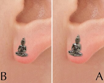 Buddhism theme fixed earrings - Rhodium plated meditative Buddha