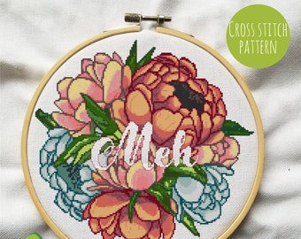 Meh - Cross Stitch Digital Pattern. Floral, Subversive, Modern, Funny, Snarky, Swear, Embroidery, Decoration, DIY. PDF Instant Download.