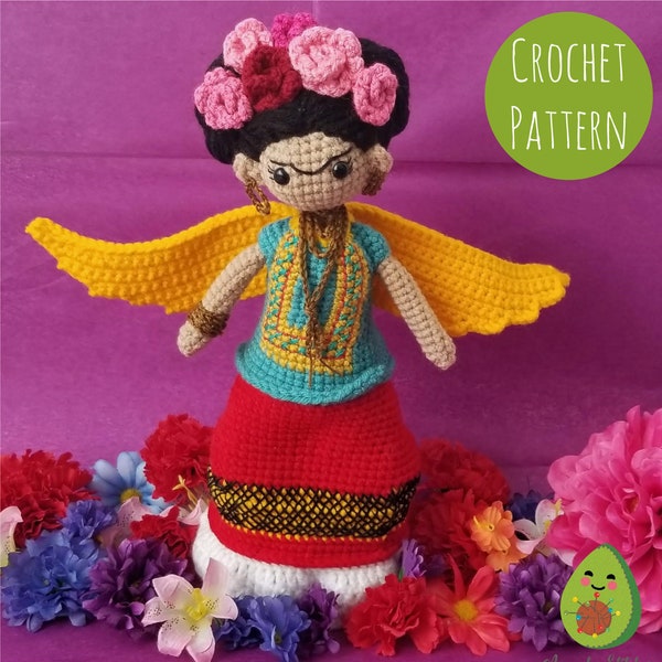 Frida Alada Amigurumi Crochet Pattern. Frida Kahlo Doll, Plush Toy, Stuff Toys, PDF Download, Mexican Artist, Famous Painters Gifts