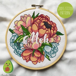 Meh - Cross Stitch Digital Pattern. Floral, Subversive, Modern, Funny, Snarky, Swear, Embroidery, Decoration, DIY. PDF Instant Download.