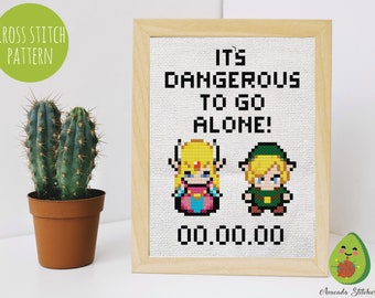 Legend Of Zelda - It's Dangerous to Go Alone! - Link & Zelda Cross Stitch Pattern. Videogame, Gamer, Anniversary, Wedding, Geek, Nerd, DIY.