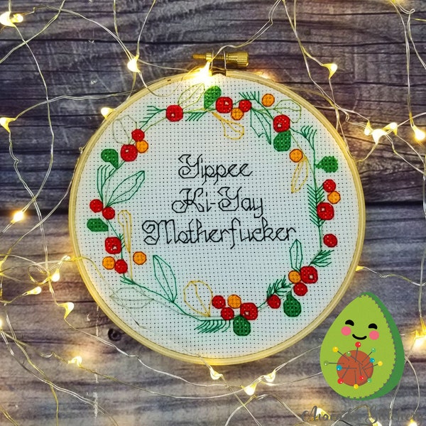 Yipee Ki-Yay Motherfucker. Die Hard Cross Stitch Pattern. Christmas Wreath, Tree Decoration, DIY, Ornament, Movies, Pop Culture, Quotes.