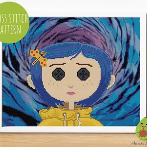 Coraline Jones Cross Stitch Pattern. Button Eyes, Modern, Halloween, Gothic, Movie, Horror, DIY Decoration, Embroidery, Spooky, Quirky.