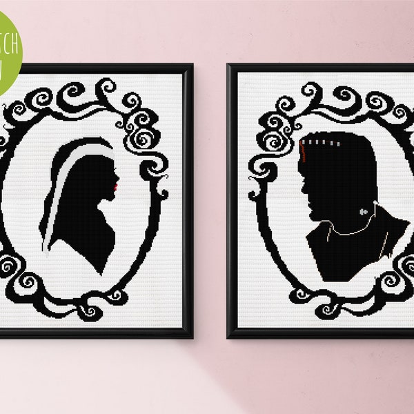 Herman and Lily Munster - Cross Stitch Digital Pattern Bundle. Valentine's Day, Creepy, Goth, Movie, Horror, DIY Gift, Anniversary