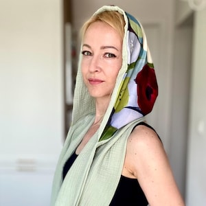 Hooded scarf in cotton muslin lightweight summer wrap shawl hooded cowl floral cotton hood stylish gift for her handmade fashion