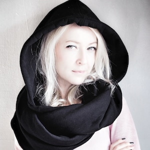 Stylish Black Hooded Scarf in High-Quality Cotton by HOODED– Unisex BLACK HOOD. Balaclava, black hood, cowl hood scarf, shawl, free shipping