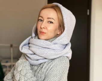 Light gray hooded scarf made of cotton – lightweight, soft, and comfortable. Stylish protection for your neck and head. Free shipping!