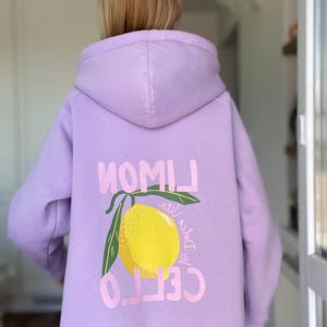 Oversized fleece hoodie LILAC – handmade pullover, hooded sweatshirt with print, cozy cotton, gift idea, free shipping. Limoncello print.