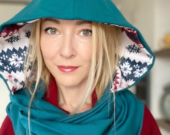Emerald Green Hooded Scarf – Reversible Hood, Winter Pattern, Soft Cotton WINTER EDITION. Hood Balaclava, hat, oversize, shawl, gift idea.