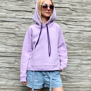 Oversized fleece hoodie LILAC – handmade pullover, hooded sweatshirt with print, cozy cotton, gift idea, free shipping. Limoncello print.