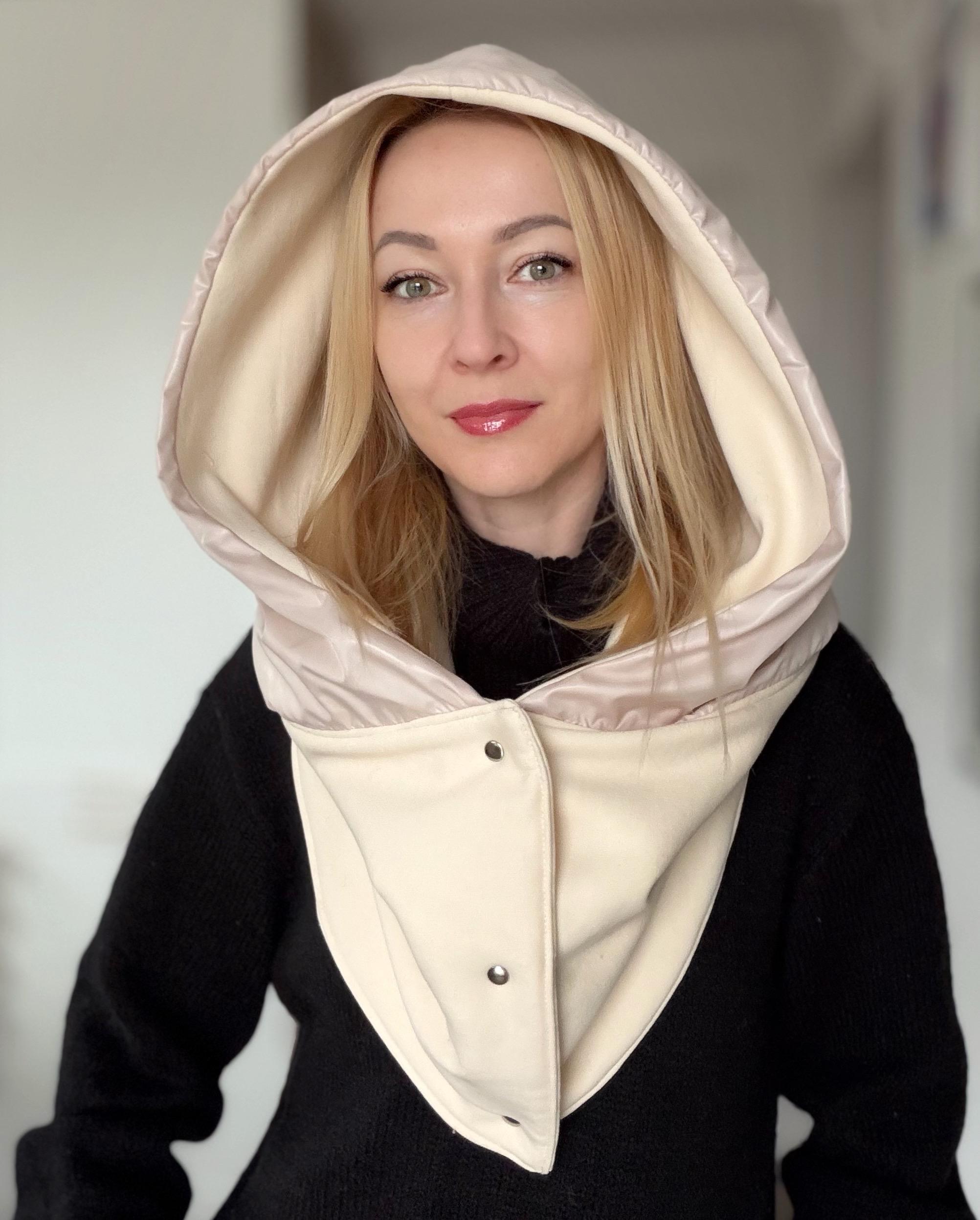 Large XL waterproof unisex hood. Waterproof hooded scarf. Oversized hood with snap-button collar.