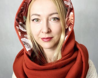 Reversible Brick-Colored Hooded Scarf with a Waterproof Floral Pattern – Hood with Scarf. Balaclava, Cowl Hood Scarf, shawl, free shipping.