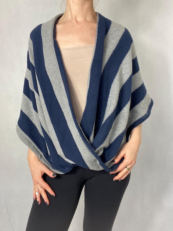 Twisted Shawl Poncho HOODED – Warm, Soft and Gray-navy